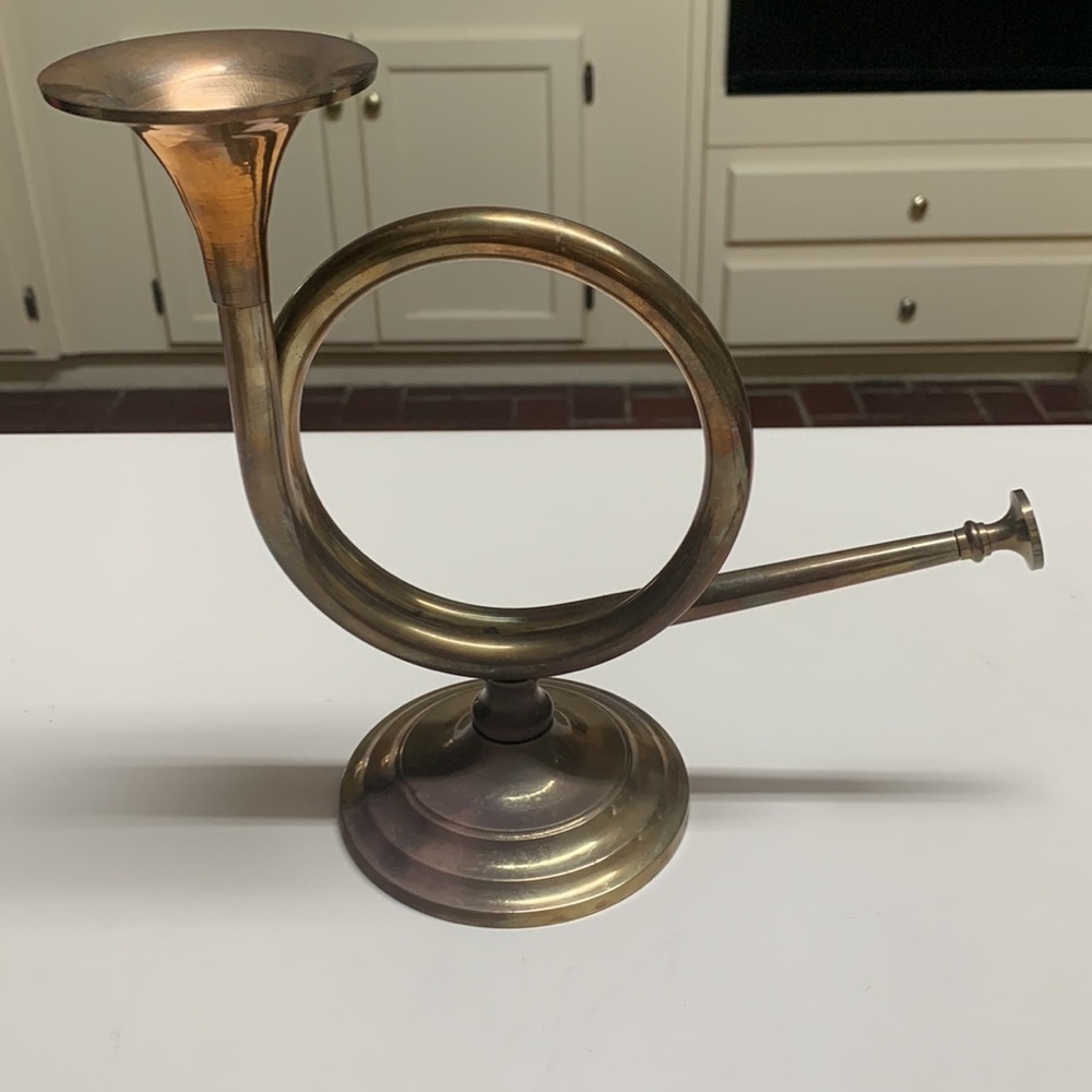 Vintage Solid Brass French Horn Bugle Candle Holder Decor - Picture 2 of 5